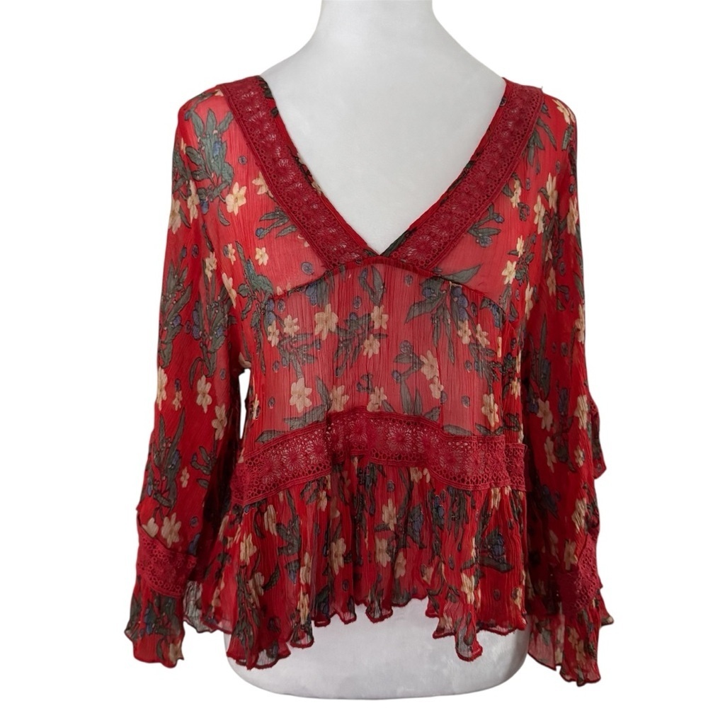 Free People Bright Lights Red Floral Chiffon Boho Peplum Top | S - Picture 4 of 10